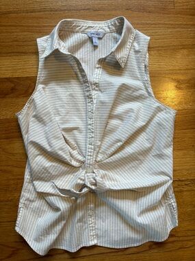 Nine West Cream and White Striped Tie-Front Sleeveless Shirt